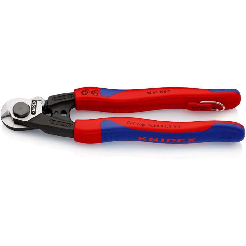 Knipex - Drahtseilschere m Befestigungsöse mit Mehrkomponenten-Hüllen, mit integrierter Befestigungsöse zum Anbringen einer Absturzsicherung 190 mm