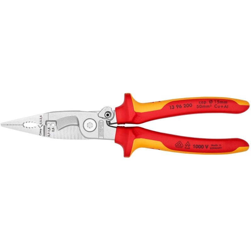 KNIPEX 13 96 200 Elektro-Installationszange isoliert mit Mehrkomponenten-Hüllen, VDE-geprüft verchromt 200 mm