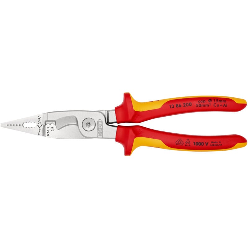 KNIPEX 13 86 200 Elektro-Installationszange isoliert mit Mehrkomponenten-Hüllen, VDE-geprüft verchromt 200 mm