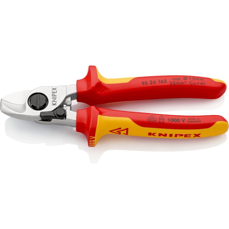 KNIPEX 95 26 165 SB Kabelschere mit Öffnungsfeder isoliert mit Mehrkomponenten-Hüllen, VDE-geprüft verchromt 165 mm
