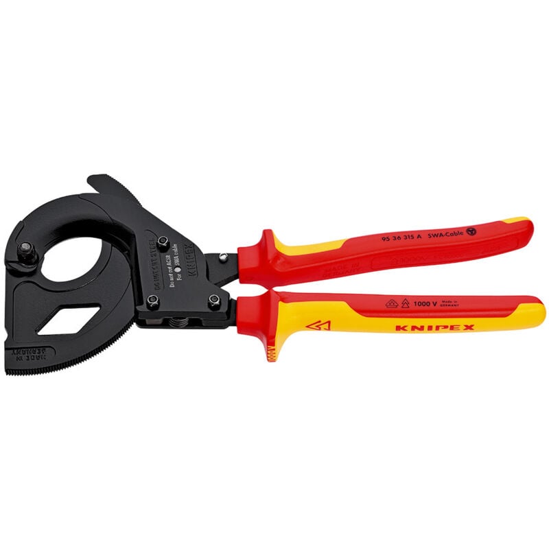 Knipex - 95 36 315 a Kabelschneider (Ratschenprinzip) für stahlarmierte Kabel (SWA-Kabel) isoliert mit Mehrkomponenten-Hüllen, VDE-geprüft schwarz