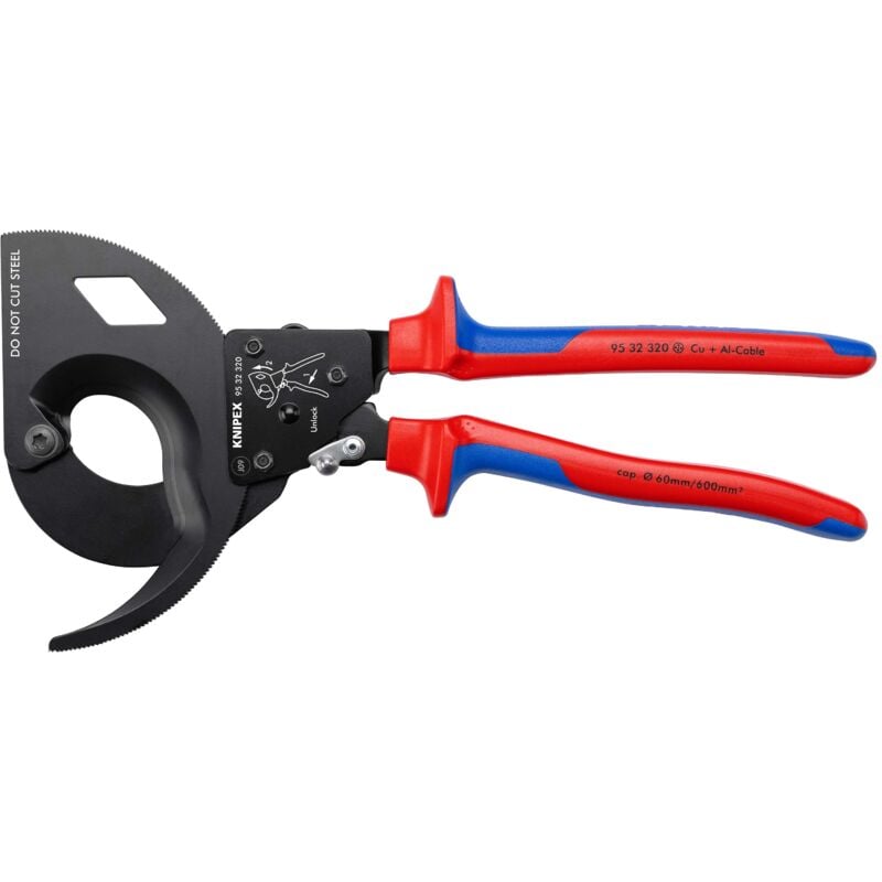 KNIPEX 95 32 320 Kabelschneider (Ratschenprinzip, Dreigang) mit Mehrkomponenten-Hüllen schwarz atramentiert 320 mm