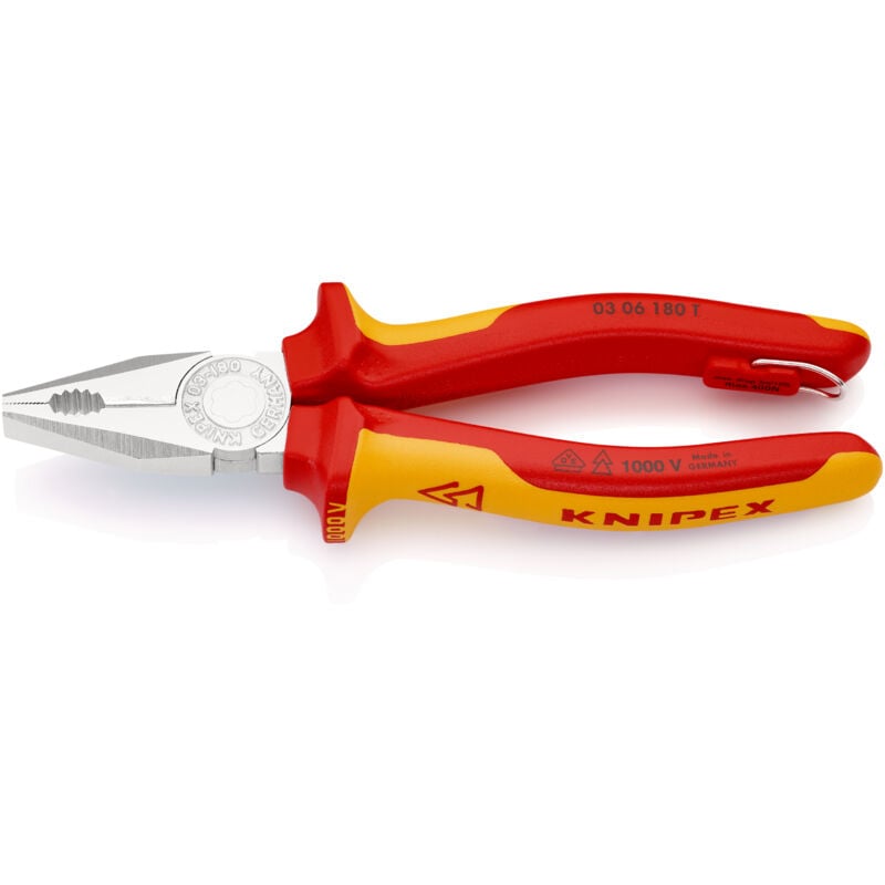 KNIPEX 03 06 180 T BK Kombizange isoliert mit Mehrkomponenten-Hüllen, VDE-geprüft mit integrierter isolierter Befestigungsöse zum Anbringen einer