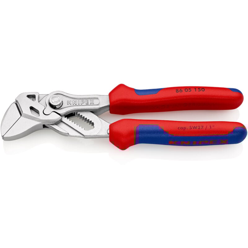 KNIPEX 86 05 150 SB Zangenschlüssel Zange und Schraubenschlüssel in einem Werkzeug mit Mehrkomponenten-Hüllen verchromt 150 mm