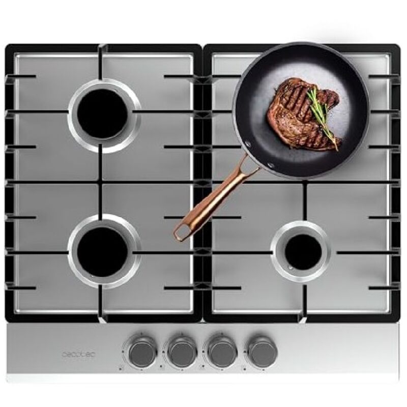 Cecotec - Kochfeld de Gas, 4 Brenner, Edelstahl-Finish, komplette Grills de Gusseisen, Leistung de 8kw, Dreifach-Kronen-Wok-Brenner, elektrische