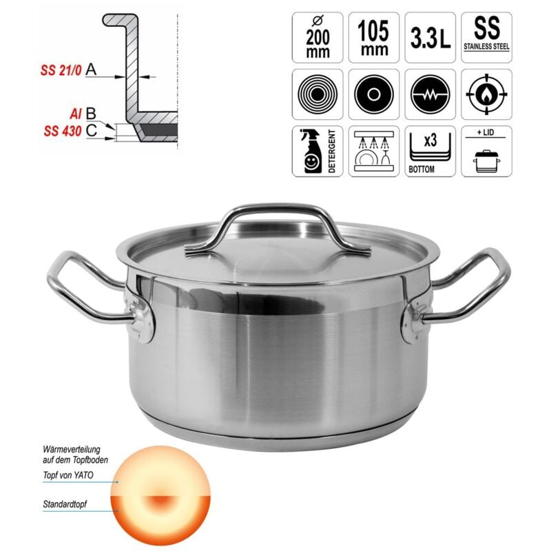 Kochtopf mit Deckel 20x10,5 3,3L Gastronomie Qualität Edelstahl Topf Gastro Induktion
