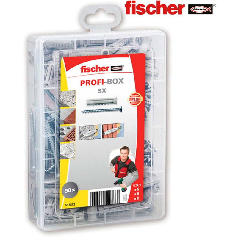 Fischer - Koffer, 90 Dübel + Schrauben, sx, 5/6/8 + Schrauben 512642