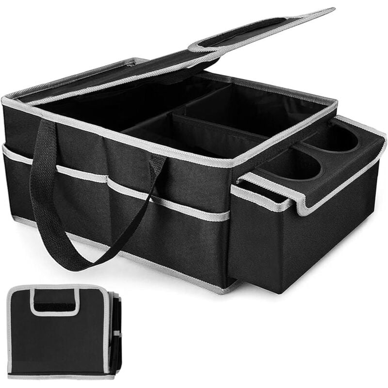 Kofferraum-Organizer, Kofferraum-Aufbewahrung, rutschfester Boden, mehrere Fächer, faltbare Aufbewahrung für Autozubehör mit Deckel (schwarz)