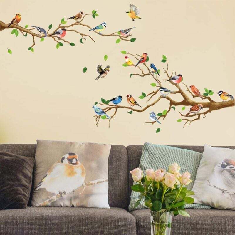 Kolibri auf einem Ast – Wandtattoo, grünes Blatt und fliegender Vogel, selbstklebende Vinyl-Wanddekoration, ideal für Garten, Wohnzimmer,