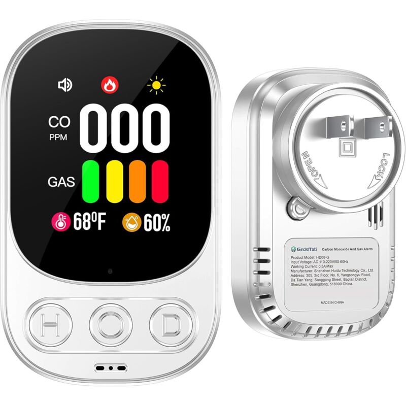 Kombinierter Gas- und Kohlenmonoxidmelder, Plug-in, 4-in-1-Detektor für natürliches co, Gas, Temperatur und Feuchtigkeit mit 2,1-Zoll-HD-Bildschirm