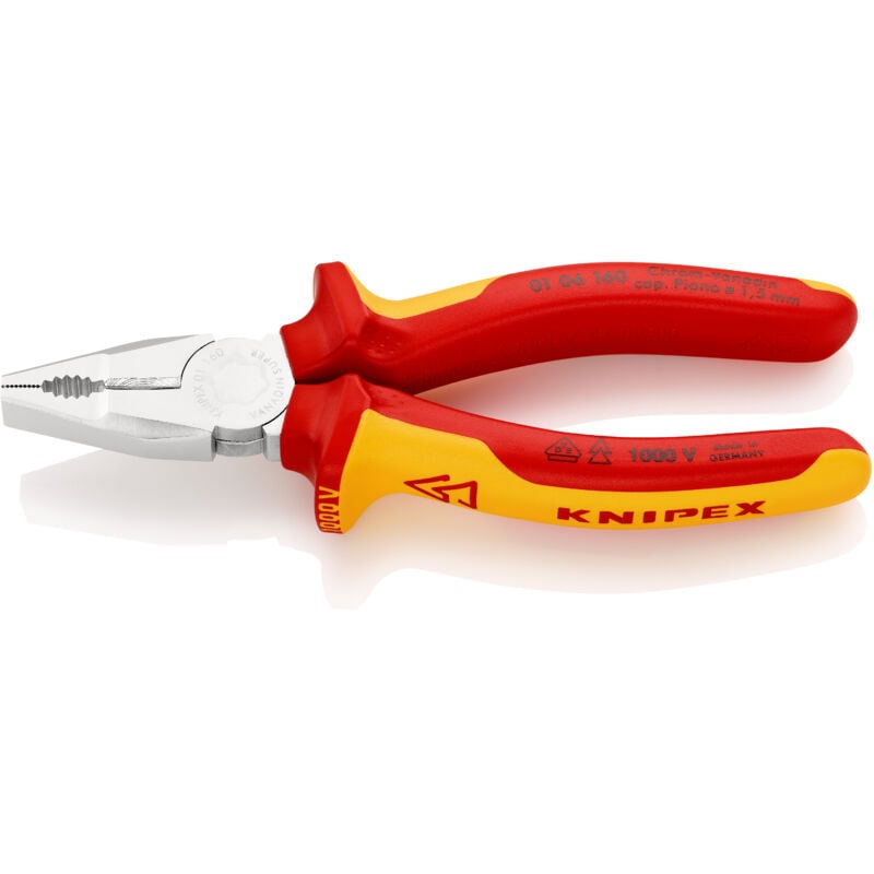 KNIPEX 01 06 160 Kombizange Chrom-Vanadin isoliert mit Mehrkomponenten-Hüllen, VDE-geprüft verchromt 160 mm