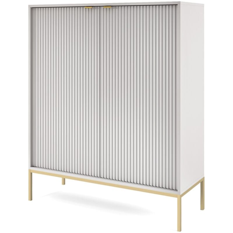 Kommode 100 cm Galla - Sideboard 2-türig mit Beinen & geriffelten Fronten - goldene Griffe - Wohnzimmerkommode (Grau + Gold) - Grau + Gold