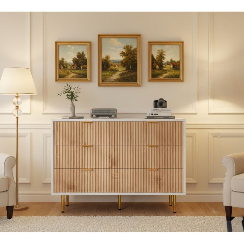 Kommode 100 cm, Kommode für Schlafzimmer mit 6 Schubladen – strukturierte Oberfläche – Griffe und Füße aus Metall – für Schlafzimmer/Wohnzimmer,