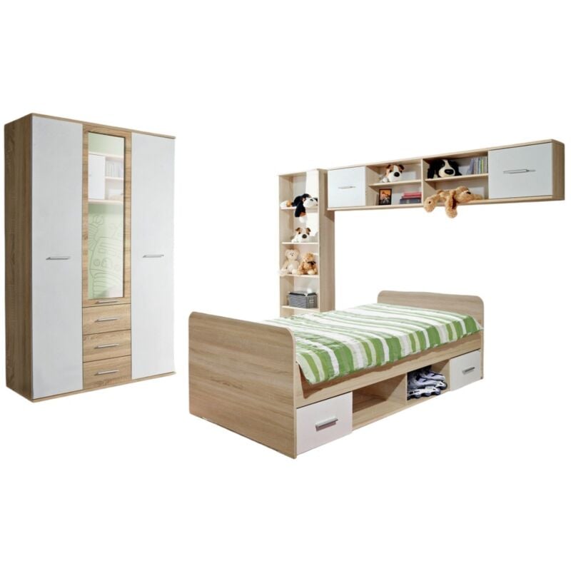 Komplettes Kinder- und Jugendzimmer, Kollektion denver. 3-türiger Schrank, Bett, Bücherregal und Regal.