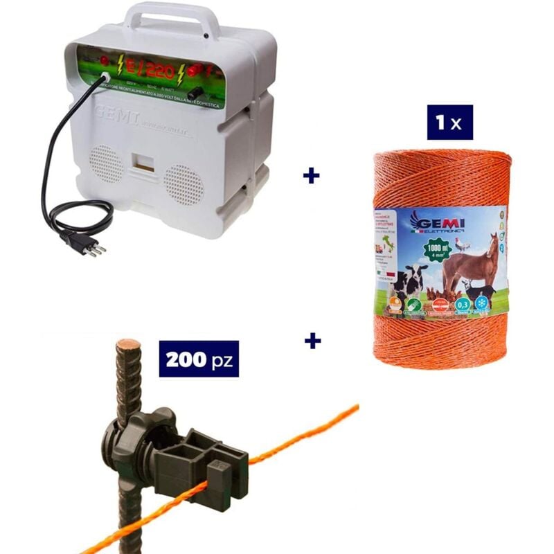 Komplettes Kit Für Den Weidezaun : 1 x Weidezaungerät 220 / 230 V + 1 x Weidezaunlitze 1000 Mt 6 mm² + 200 St. Isolatoren Holzpfählen - Weidezaunseil