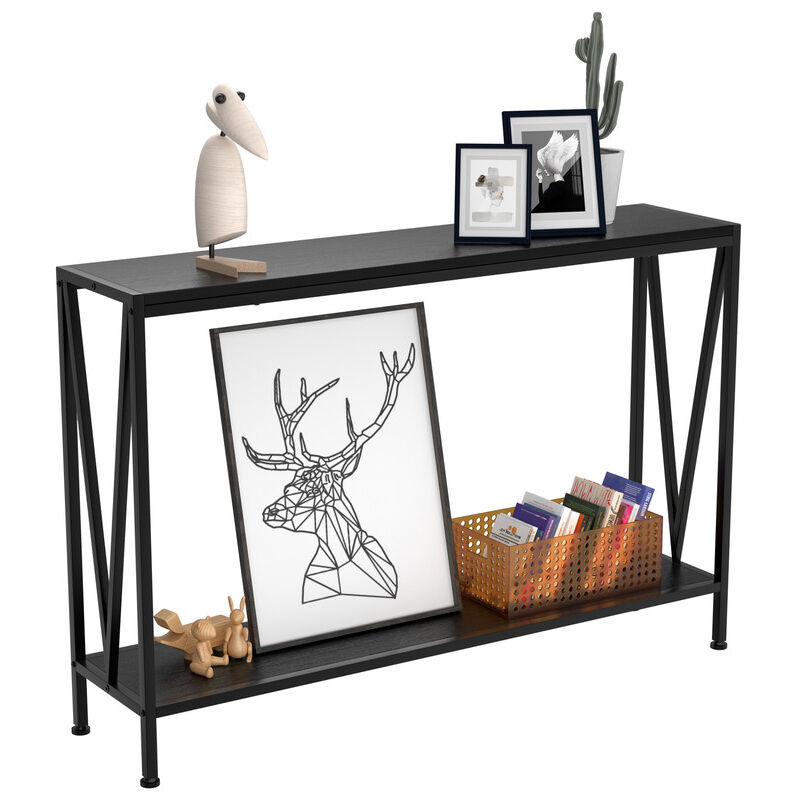 Konsolentisch Holz Holz Konsolentisch Schmal, 110x25x76cm Konsolentisch mit Stauraum, Holz und Metall Couchtisch mit Regal - 2 Ebenen, Beistelltisch