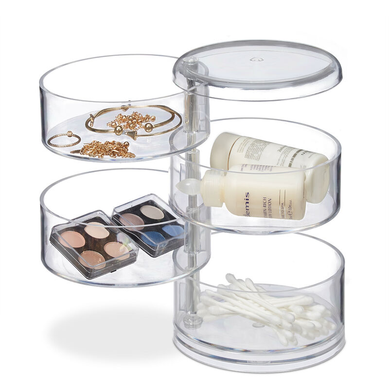 Kosmetik-Organizer mit 4 drehbaren Fächern, Make Up Kit f. Lippenstift etc., Kosmetik-Tower Acryl, transparent - Relaxdays