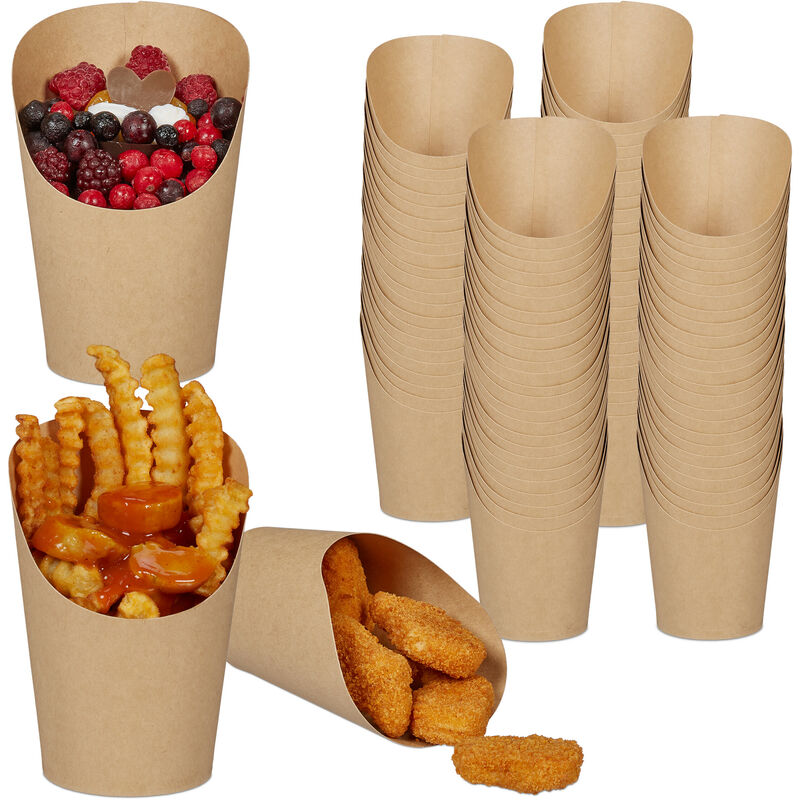 Kraftpapier Becher 100er Set, abgeschrägt, Pommes, Eis, Popcorn, Snacks to go, 400ml, Snackbecher Pappe, braun - Relaxdays