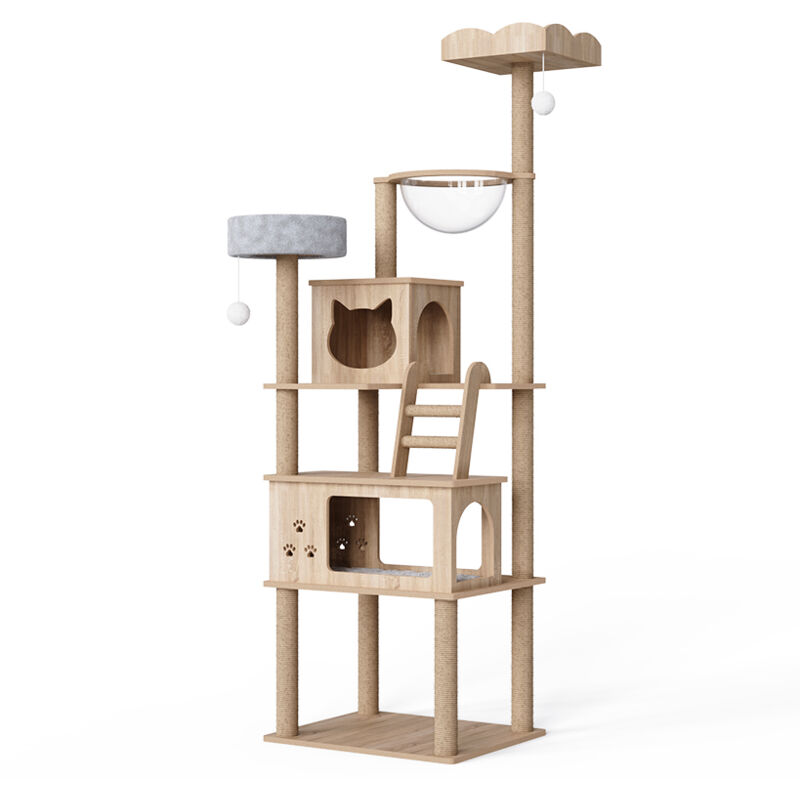 Kratzbaum Groß 184cm mit 2 Herausnehmbaren Plüschkissen & Transparenter Kapsel, Stabiler Katzenbaum für große Katzen, Holz, 60x50x184cm, Mondeer