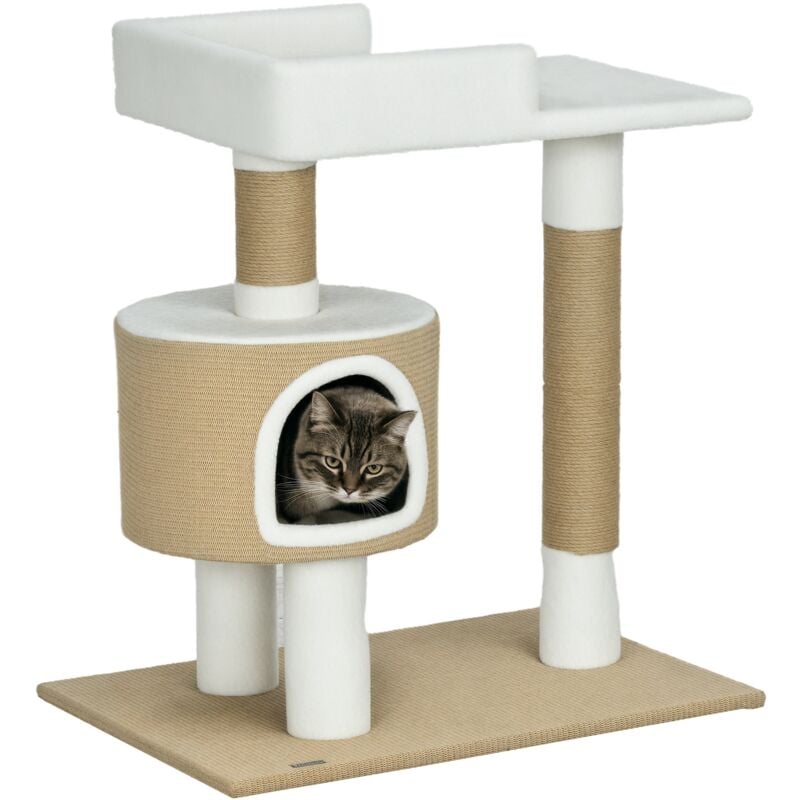 Kratzbaum 79 cm Kleiner Katzenbaum mit Katzenhöhle, Katzenkratzbaum mit Liegefläche, Jute-Kletterbaum für Katzen bis zu 8 kg, Katzenmöbel, Braun,