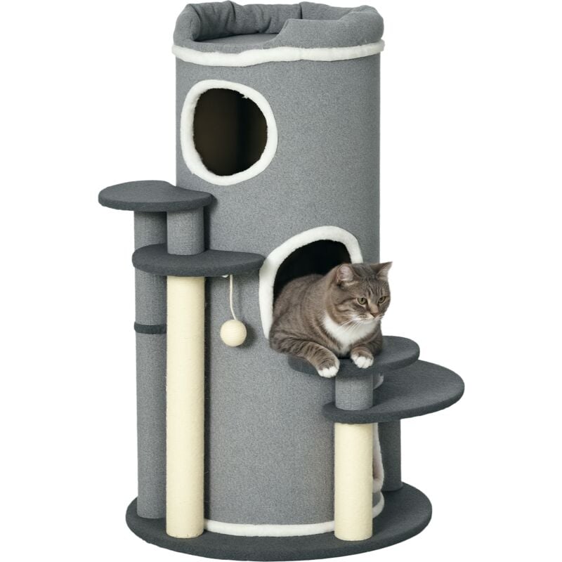 Pawhut - Kratzbaum 99 cm Katzenturm mit 3 Höhle, Spielball, Sisalstämme, Plattform, mehrstöckiger Katzenkratzbaum, Kletterbaum, für mittelgroße