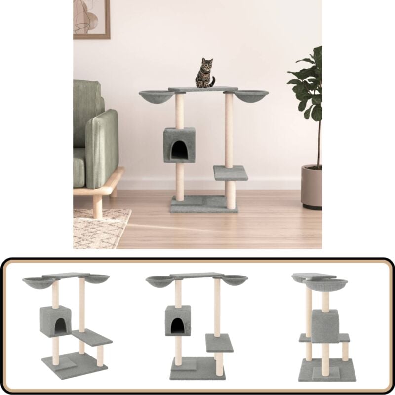 Kratzbaum mit Kratzsäulen Hellgrau 82 cm - Katzenkratzbaum - Kratzbaum Sisal - Kratzbaum Grau - Katzenmöbel - Katzenhaus