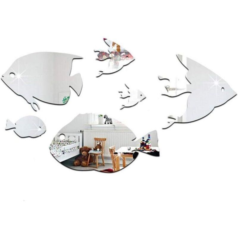 Kreative Acryl-Wandaufkleber, Spiegel, tropische Fische unter dem Meer 3D, Heimdekoration für Kinderzimmer (Silber B)