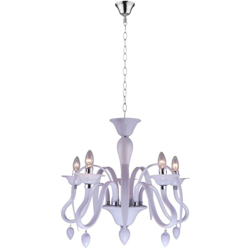 Kronleuchter Lüster weiß Kronleuchter 5 flammig Pendelleuchte Hängelampe Esszimmer, Metall verchromt, 5x E14 Fassungen, DxH 55x130cm