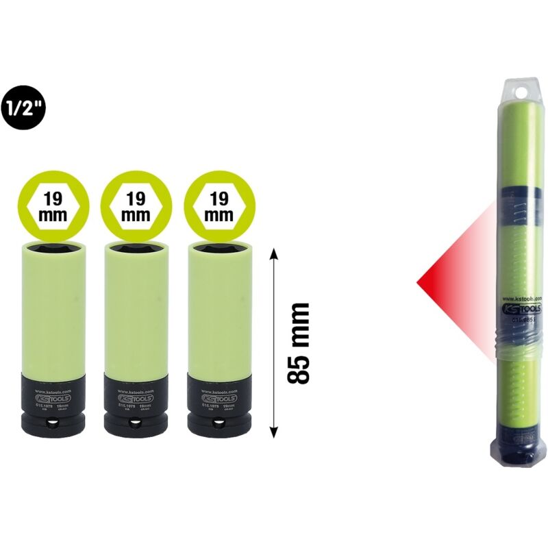 1/2' Alu-Felgen Kraft-Stecknuss,lang,19mm 3x 515.1075 in Kunststoffrohr