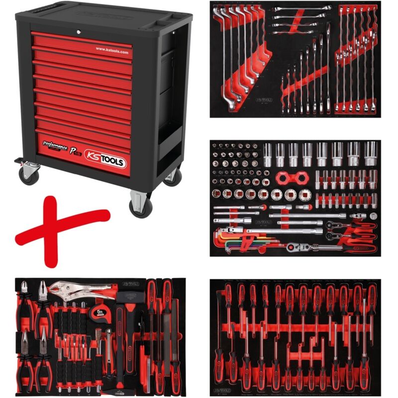 KS Tools Werkstattwagen-Satz PERFORMANCEplus P15 mit 180 Werkzeugen für 4 Schubladen