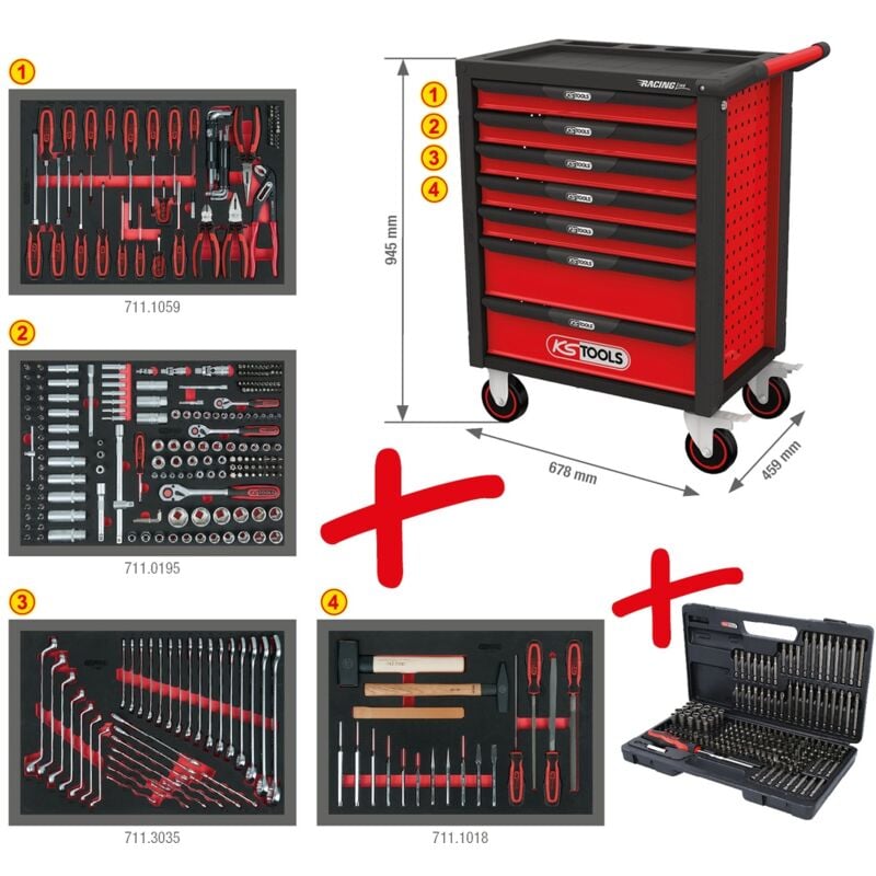 Ks Tools RACINGline schwarz/rot Werkstattwagen mit 7 Schubladen und 515 Premium-Werkzeugen