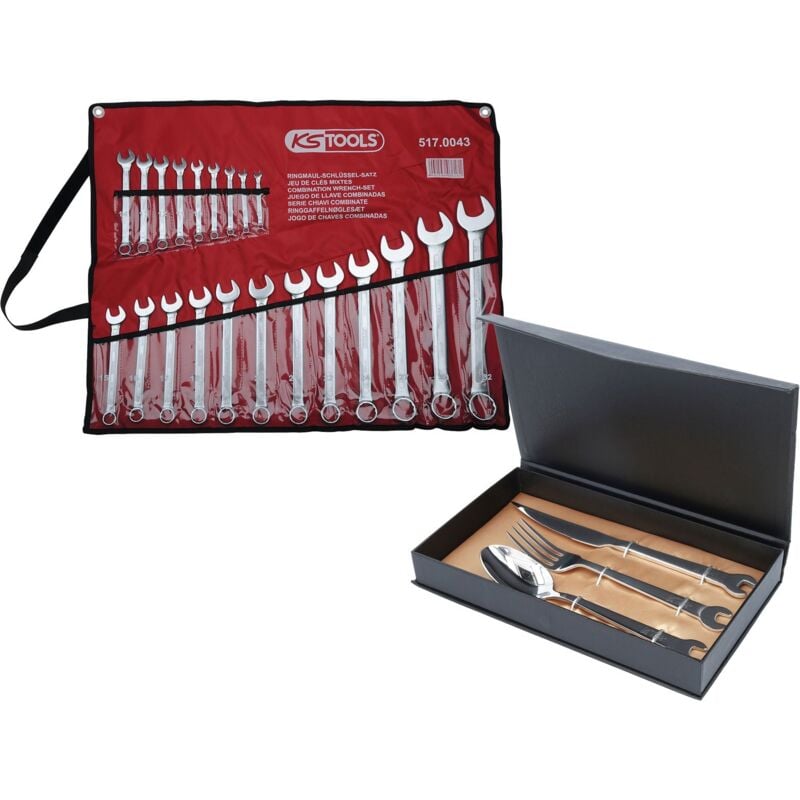 KS TOOLS Ringmaulschlüssel-Satz abgewinkelt 21tlg. 6 - 32 mm + GRATIS Besteck-Set 3tlg.