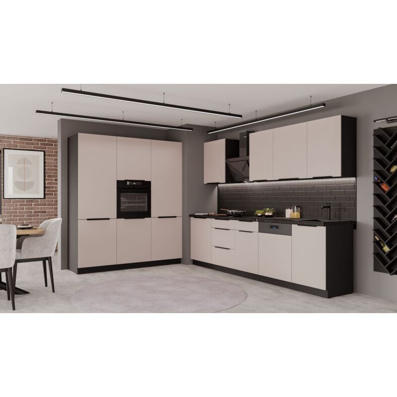 Küche ARONA 280 + 180 cm Küchenzeile Küchenblock Einbauküche Kaschmir beige matt + Schwarz matt