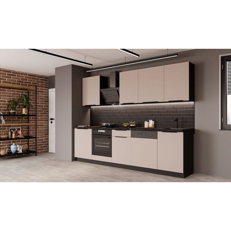 Küchen Preisbombe - Küche arona basic 280 cm Küchenzeile Küchenblock Einbauküche Kaschmir beige matt + Schwarz matt
