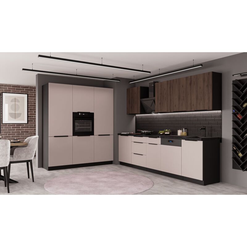 Küchen Preisbombe - Küche arona + monza 280 + 180 cm Küchenzeile Küchenblock Einbauküche Kaschmir beige matt + Nußbaum + Schwarz matt