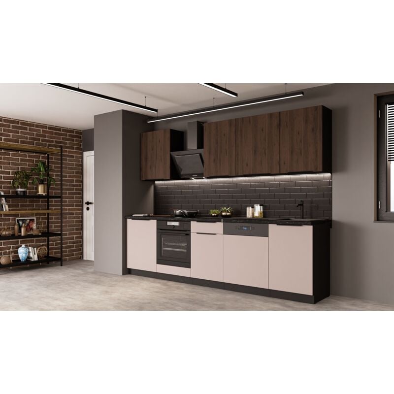 Küche ARONA + MONZA BASIC 280 cm Küchenzeile Küchenblock Einbauküche Kaschmir beige matt + Nußbaum + Schwarz matt