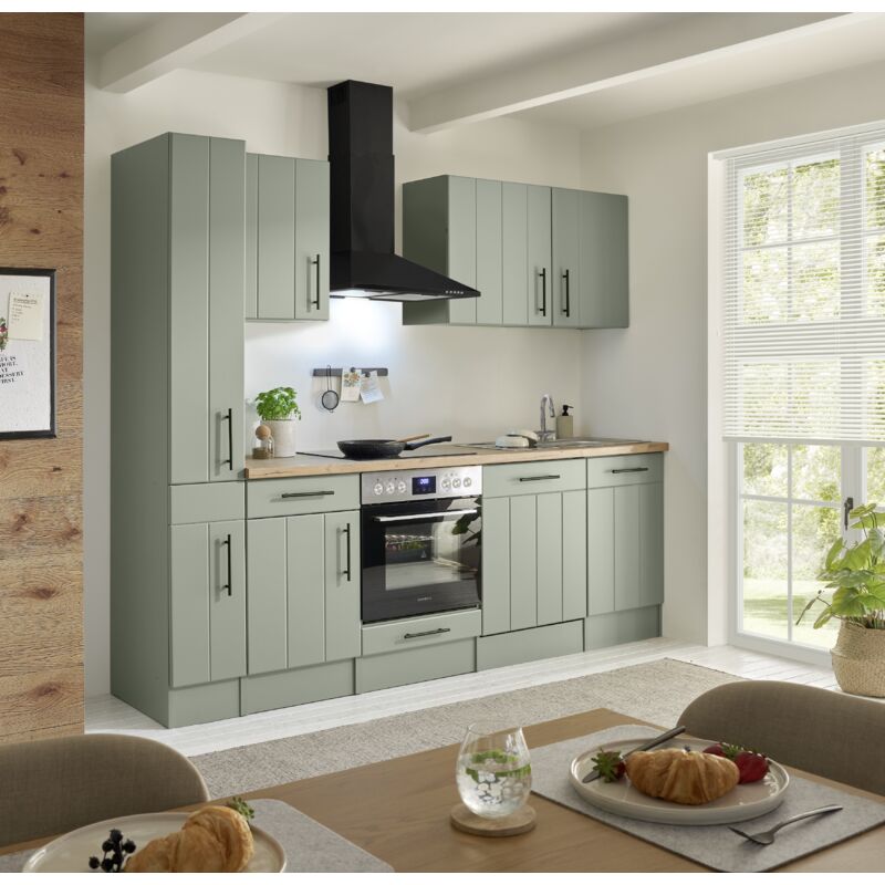 Küche Einbau Küchenzeile Landhaus Grün Anton 250 cm ohne Kühlschrank Respekta