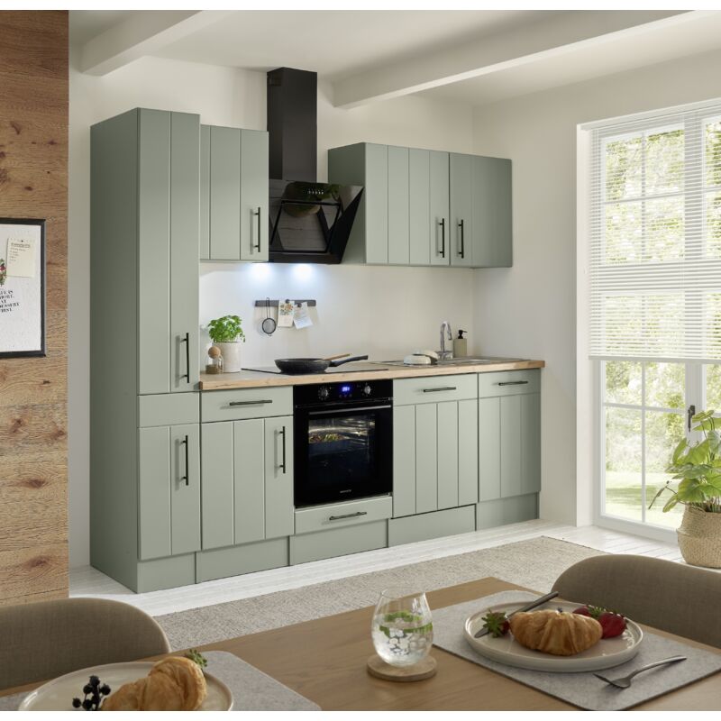 Küche Küchenzeile Landhaus Grün Anton 250 cm Induktion ohne Kühlschrank Respekta