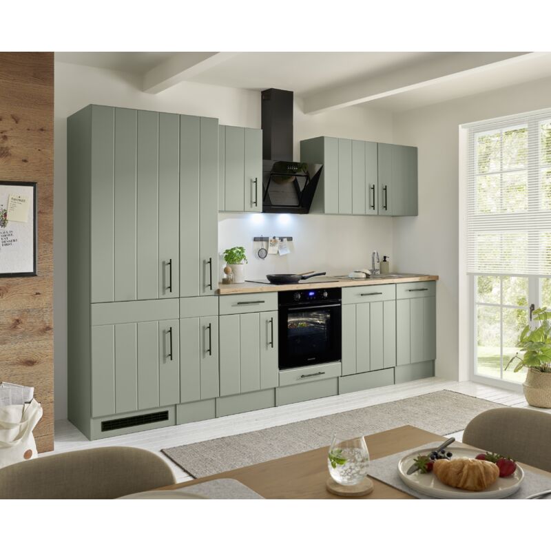 Küche Küchenzeile Landhaus Grün Anton 310 cm Induktion Kühlschrank groß Respekta