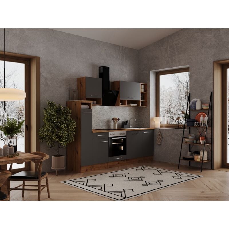 Küche Küchenzeile Leerblock Einbauküche Eiche Grau Hilde 250 cm Respekta