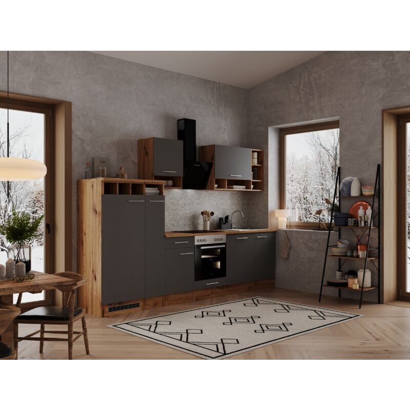 Küche Küchenzeile Leerblock Einbauküche Eiche Grau Hilde 310 cm Respekta