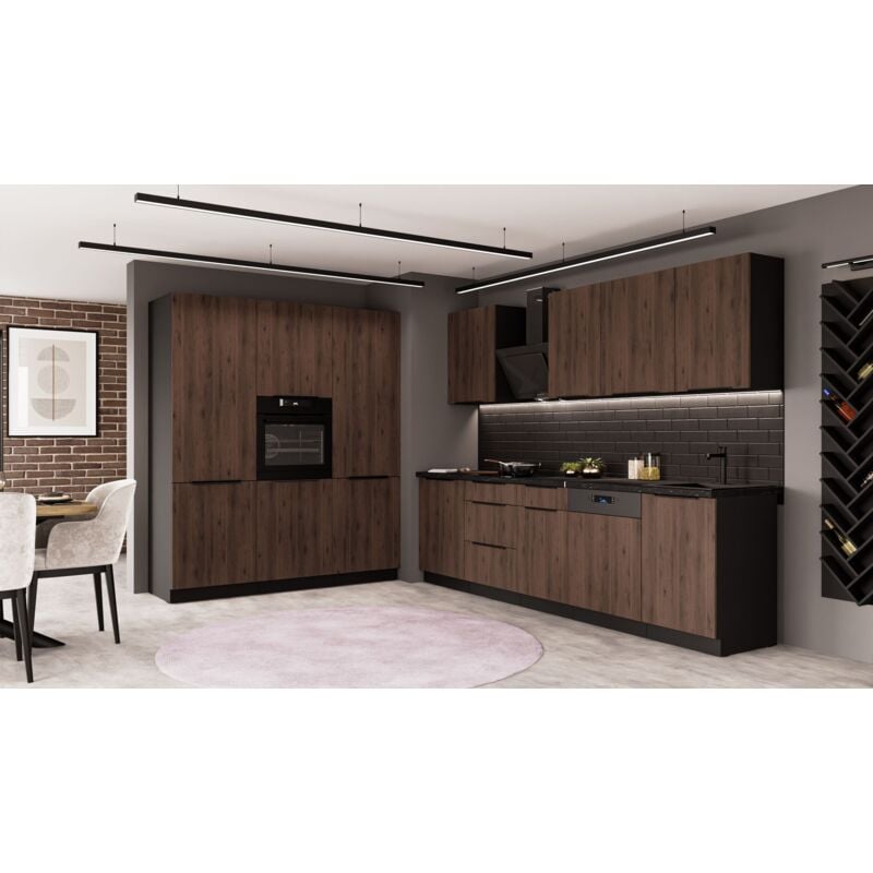 Küche MONZA 280 + 180 cm Küchenzeile Küchenblock Einbauküche Nussbaum Okapi matt + Schwarz matt