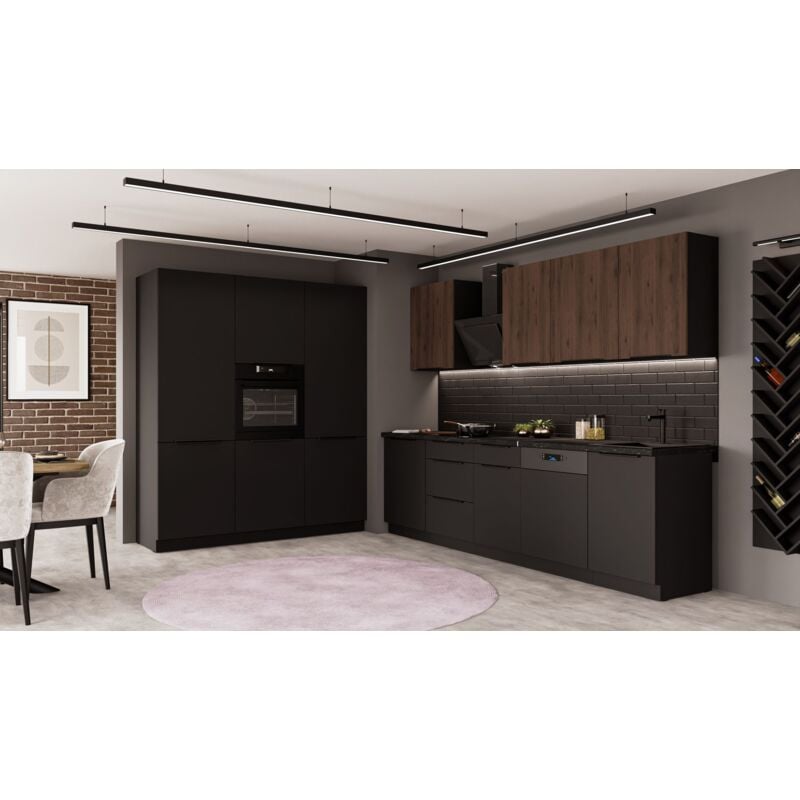 Küchen Preisbombe - Küche siena + monza 280 + 180 cm Küchenzeile Küchenblock Einbauküche Nussbaum Okapi + Schwarz matt