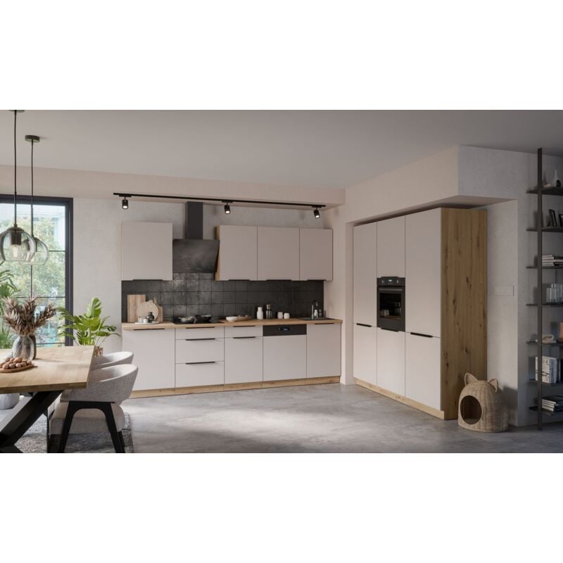 Küchen Preisbombe - Küche solano 280 + 180 cm Küchenzeile Küchenblock Einbauküche Kaschmir beige matt + Eiche Artisan matt