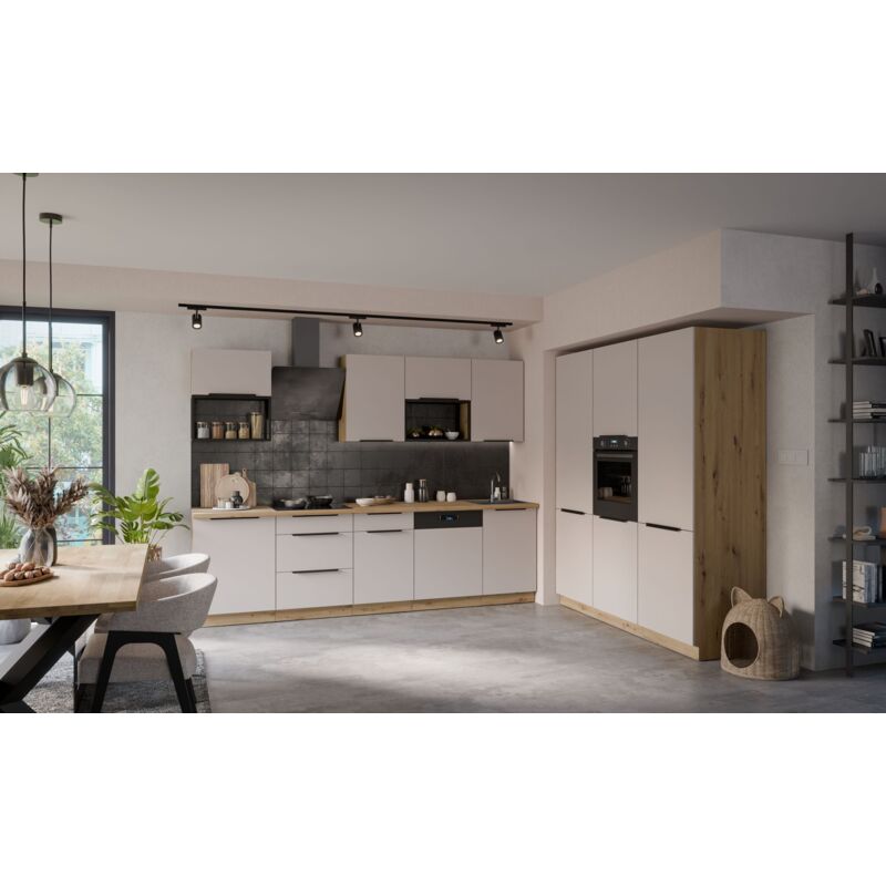 Küchen Preisbombe - Küche solano loft 280 + 180 cm Küchenzeile Küchenblock Einbauküche Kaschmir beige matt + Eiche Artisan matt