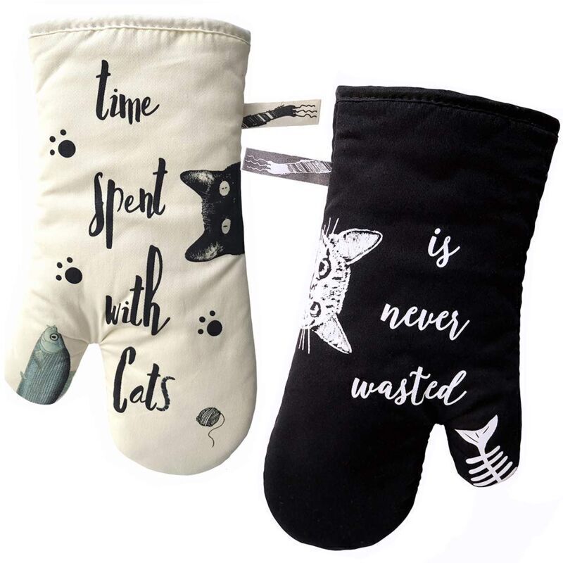 Küchenhandschuhe, hitzebeständige Ofenhandschuhe und Topflappen zum Kochen, Grillen und Backen, elfenbeinfarben und schwarz, Katze und schwarze