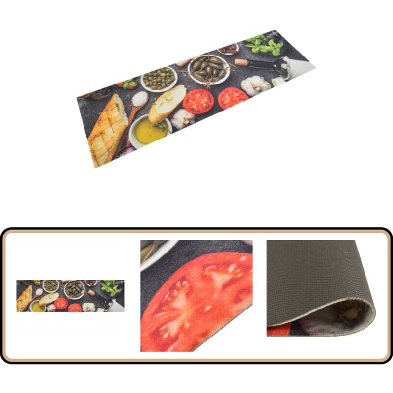 Küchenteppich Waschbar Wein & Essen 45x150 cm Samt - Küchenläufer - Samt - Esszimmerteppich - Wohnraumteppich - Rutschfest
