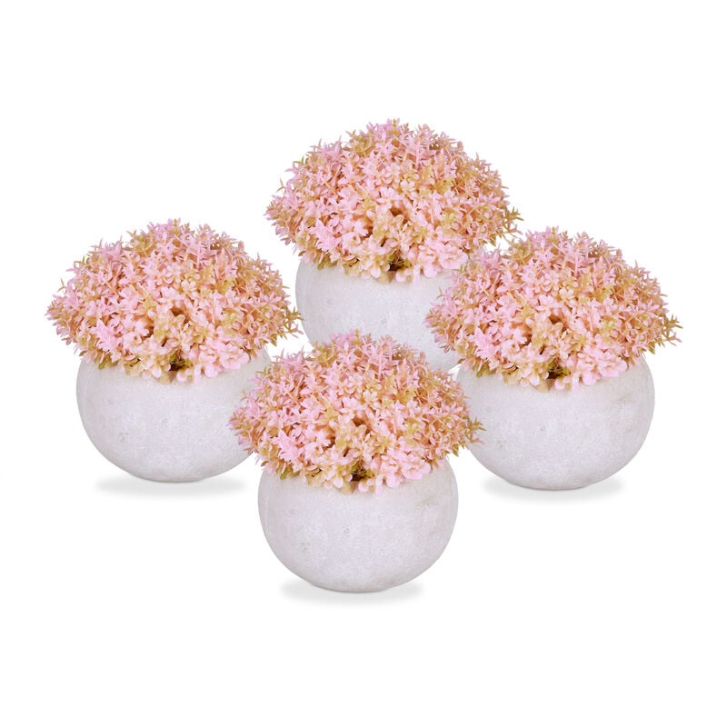 Relaxdays - Kunstblumen im Topf, 4er Set künstliche Pflanzen, schöne Tischdeko, Kunstpflanze, HxD: 11 x 11 cm, rosa/grau