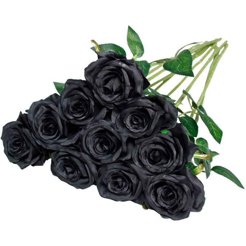 Künstliche Rosen aus Seide, einzelner Stiel, realistische Kunstrose für Hochzeitssträuße, Blumenarrangements, Dekoration, 10 Stück (schwarz)