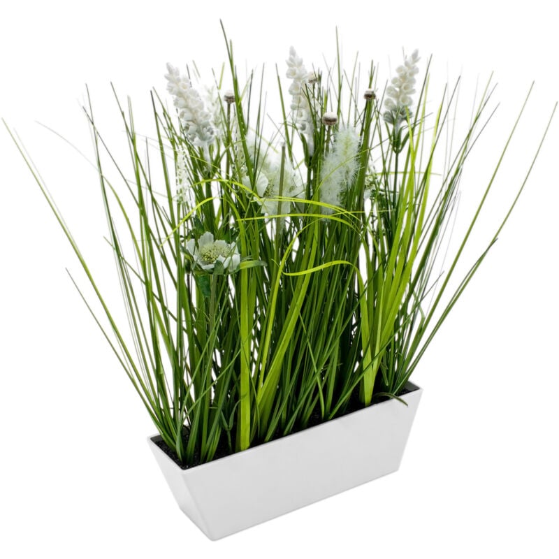 Spetebo - Künstliche Wiesenblumen im weißen Topf - 40 x 24 cm - Kunstblumen Arragement mit Blumentopf - Kunst Deko Blume Zimmerpflanze Zierpflanze